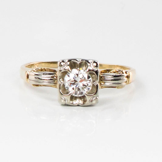 Vintage 14k Gold Round Natural Diamond Engagement Ring, Two Tone Orange Blossom Style Ring