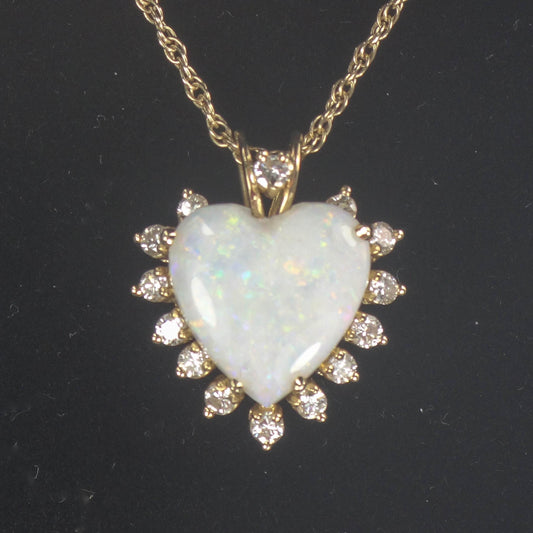 Vintage 14k Yellow Gold Natural Opal and Diamond Heart Pendant Necklace