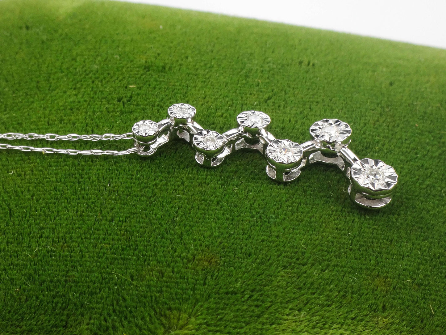 Vintage 10k White Gold Diamond Necklace, Seven Diamond Starburst Pendant 18.5"