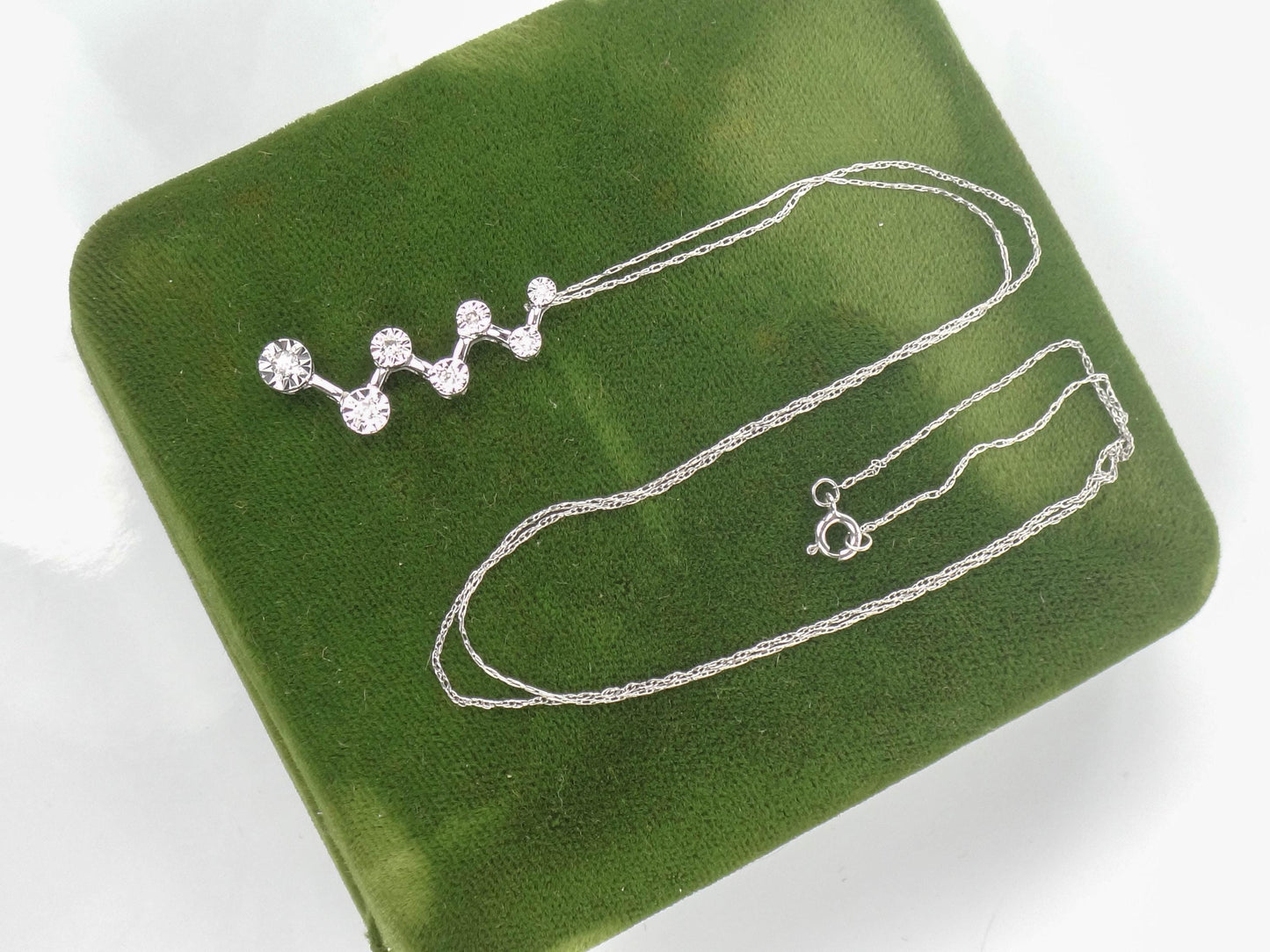 Vintage 10k White Gold Diamond Necklace, Seven Diamond Starburst Pendant 18.5"