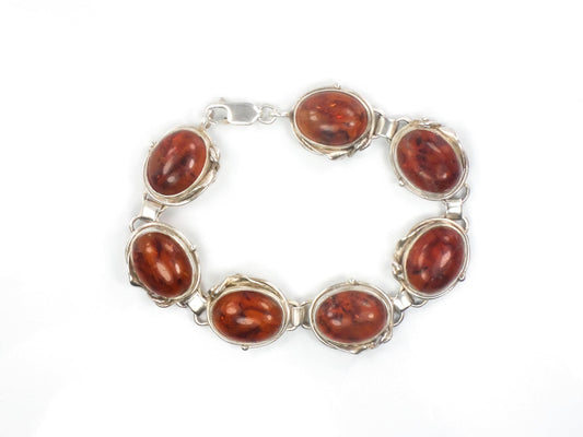 Vintage Sterling Silver Bezel Set Amber Bracelet with Leaf Details 7 3/4"