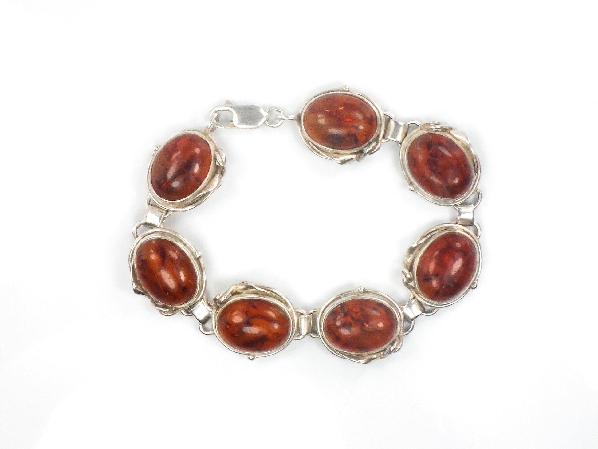 Vintage Sterling Silver Bezel Set Amber Bracelet with Leaf Details 7 3/4"