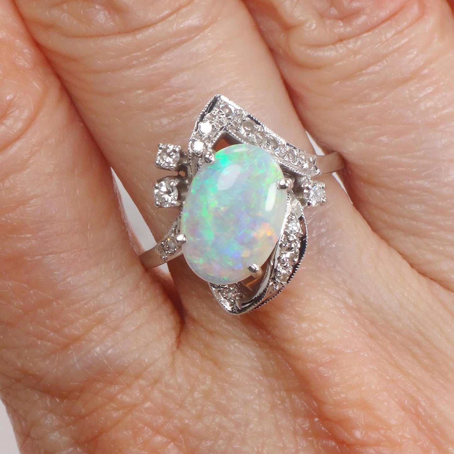 Vintage 14k White Gold Natural Opal and Diamond Ring, October Birthstone Size 6.25
