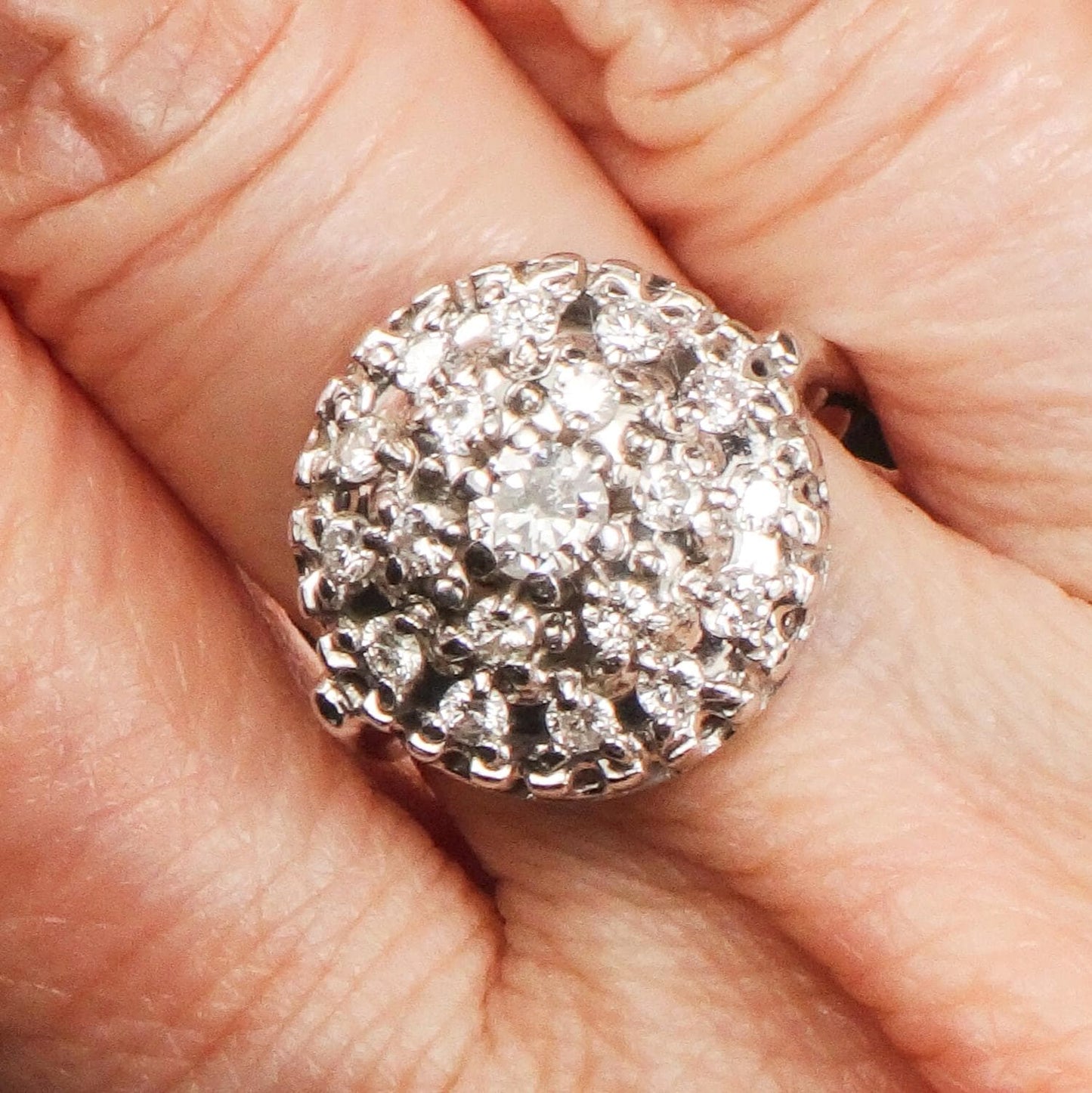 Vintage Diamond Cluster Ring: 14k White Gold Dome Halo, .75 CTS TDW, Size 6.5