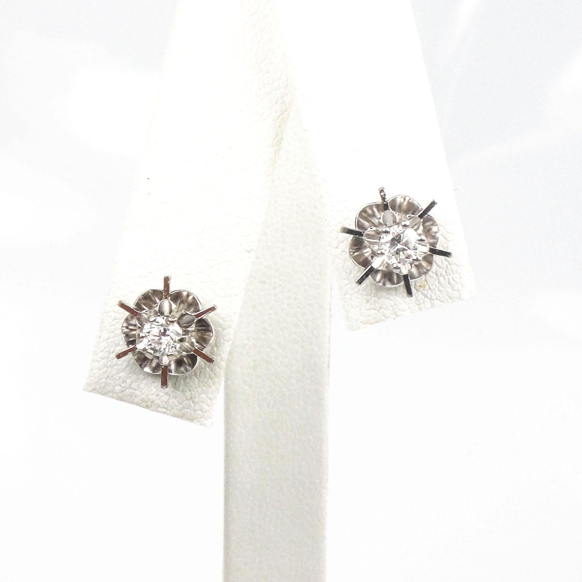 Vintage 14k White Gold Natural Diamond Stud Buttercup Earrings, Round Brilliant Bridal Earrings
