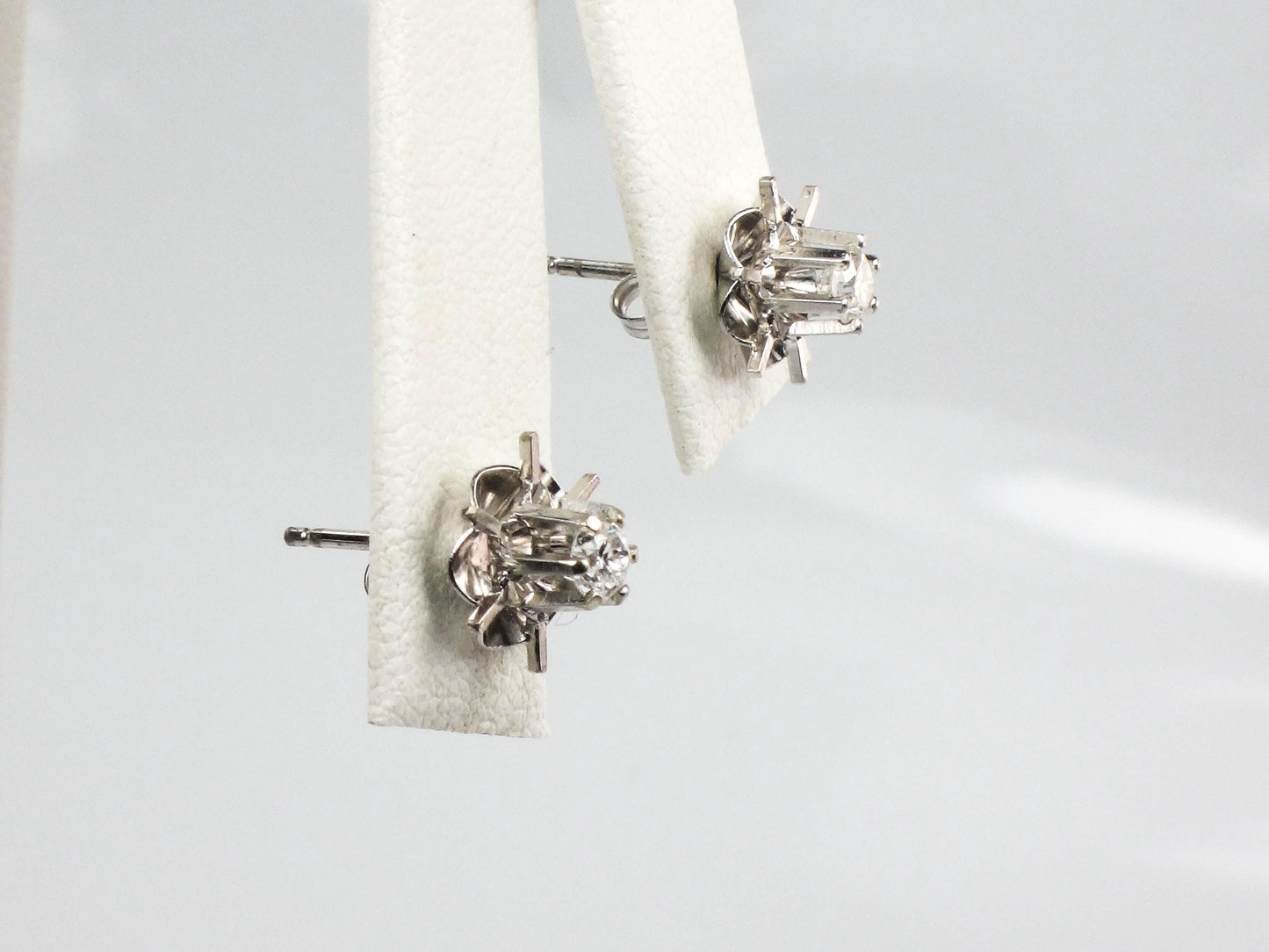 Vintage 14k White Gold Natural Diamond Stud Buttercup Earrings, Round Brilliant Bridal Earrings
