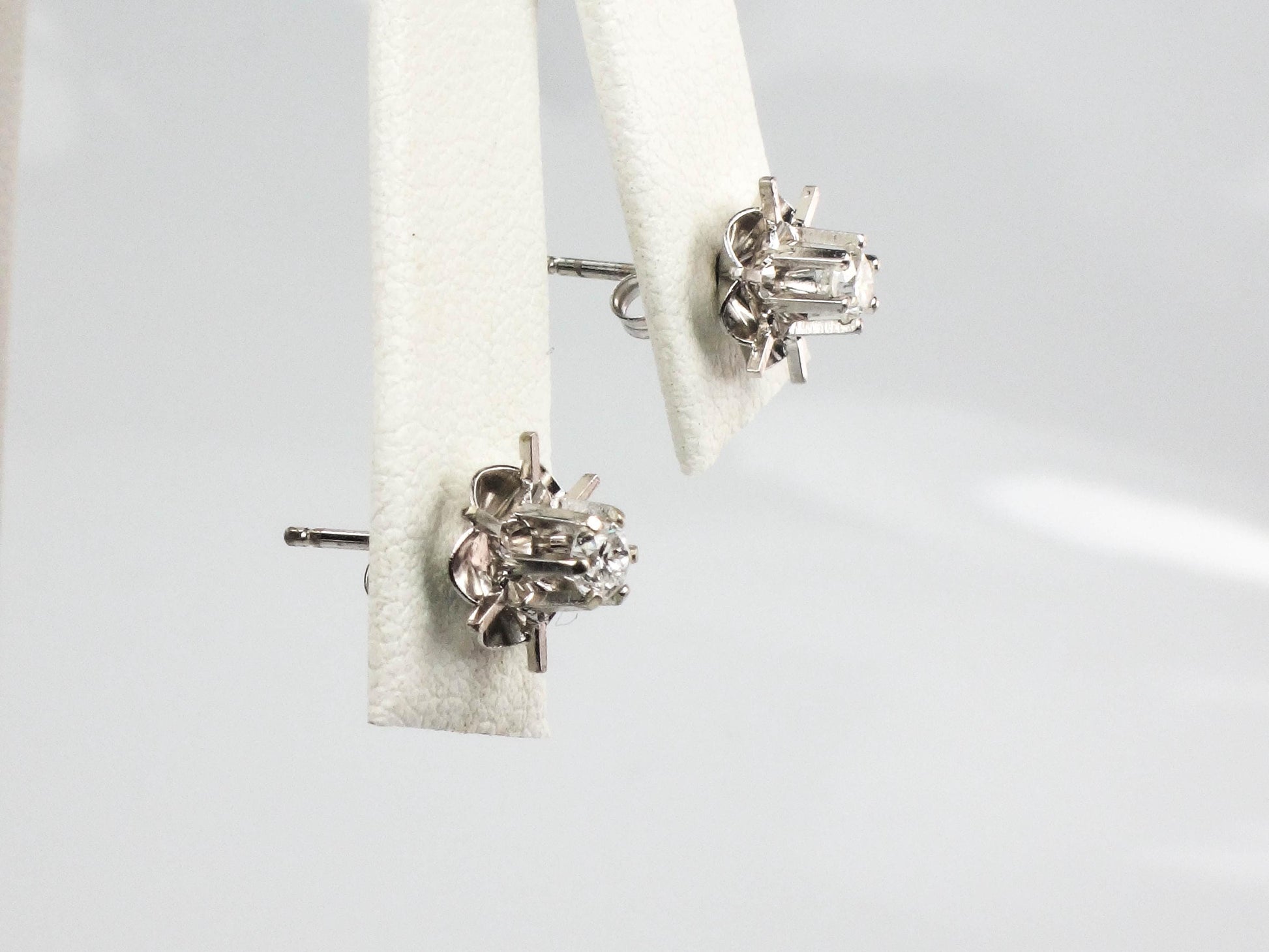 Vintage 14k White Gold Natural Diamond Stud Buttercup Earrings, Round Brilliant Bridal Earrings