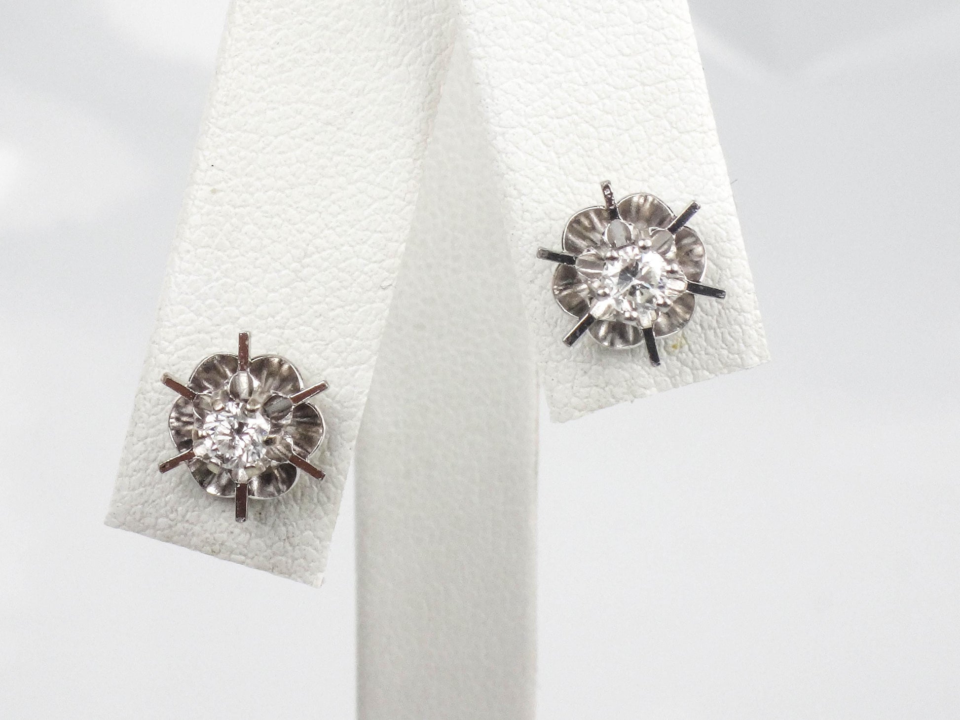 Vintage 14k White Gold Natural Diamond Stud Buttercup Earrings, Round Brilliant Bridal Earrings