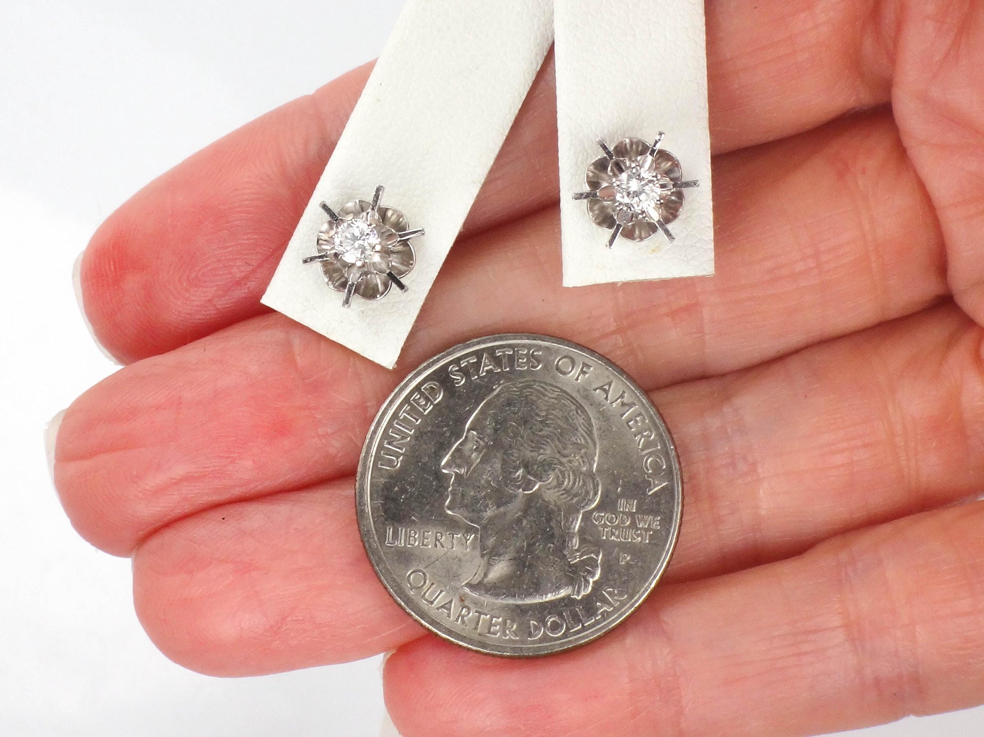 Vintage 14k White Gold Natural Diamond Stud Buttercup Earrings, Round Brilliant Bridal Earrings