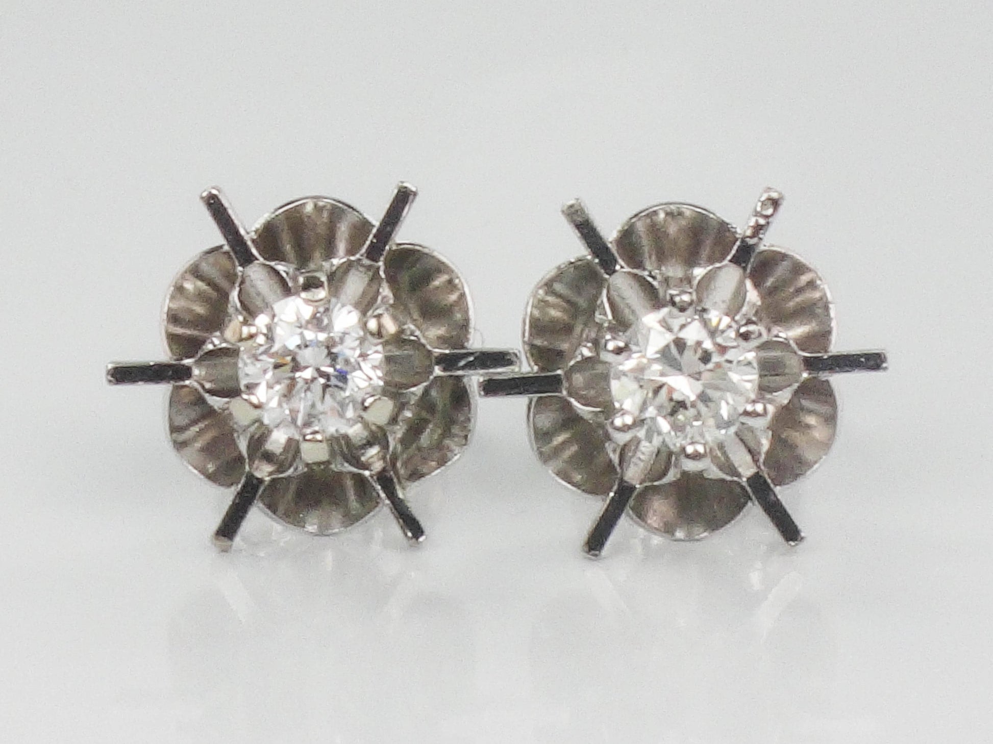 Vintage 14k White Gold Natural Diamond Stud Buttercup Earrings, Round Brilliant Bridal Earrings