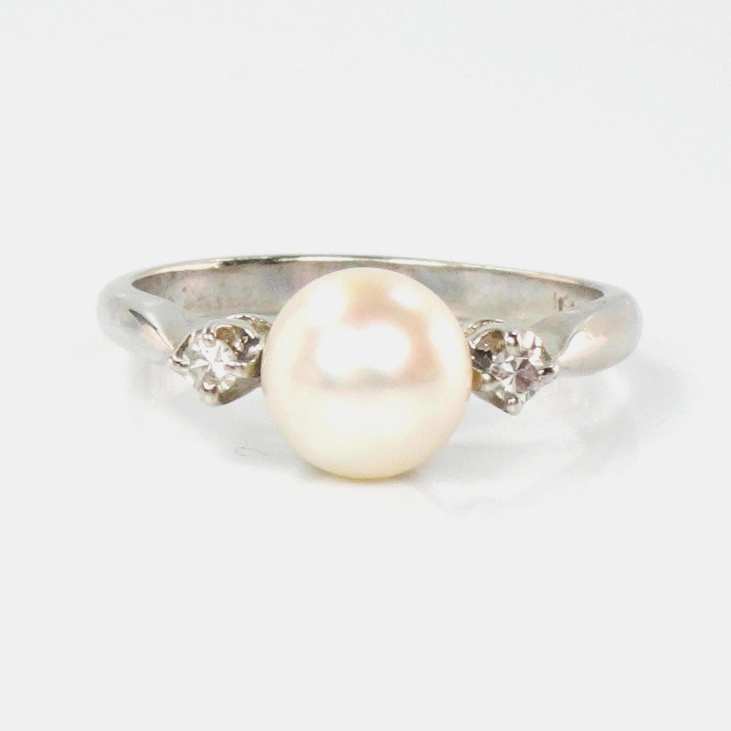 Vintage 14k White Gold Pearl and Diamond Ring - Baden and Foss June Birthstone Bridal Ring - Size 5.5