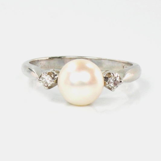 Vintage 14k White Gold Pearl and Diamond Ring - Baden and Foss June Birthstone Bridal Ring - Size 5.5