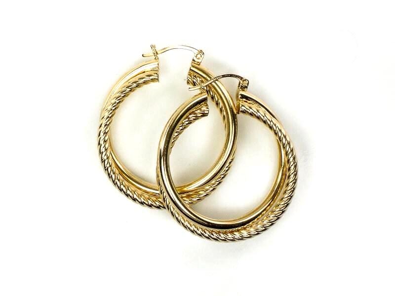 Vintage Large 14k Yellow Gold Fancy Twist Double Hoop Earrings 1.25" Round Hoop Earrings