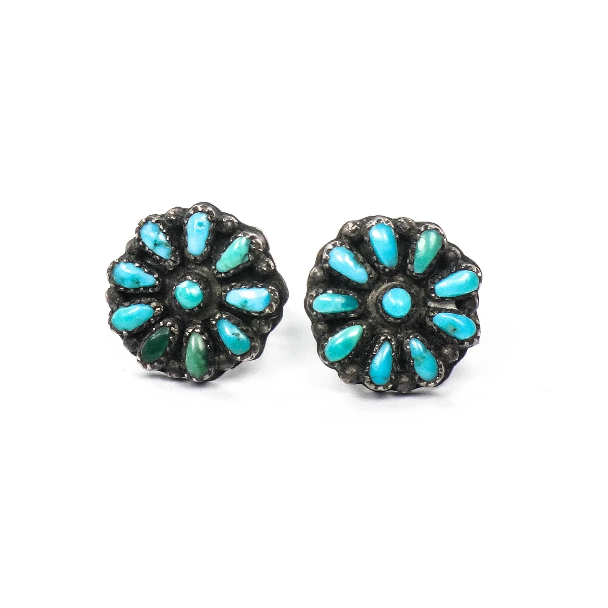 Vintage Turquoise Sterling Silver Stud Earrings: Petit Point Southwestern Style