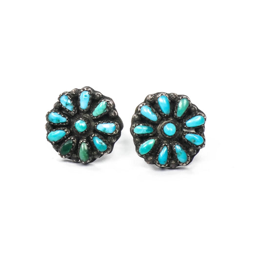 Vintage Turquoise Sterling Silver Stud Earrings: Petit Point Southwestern Style