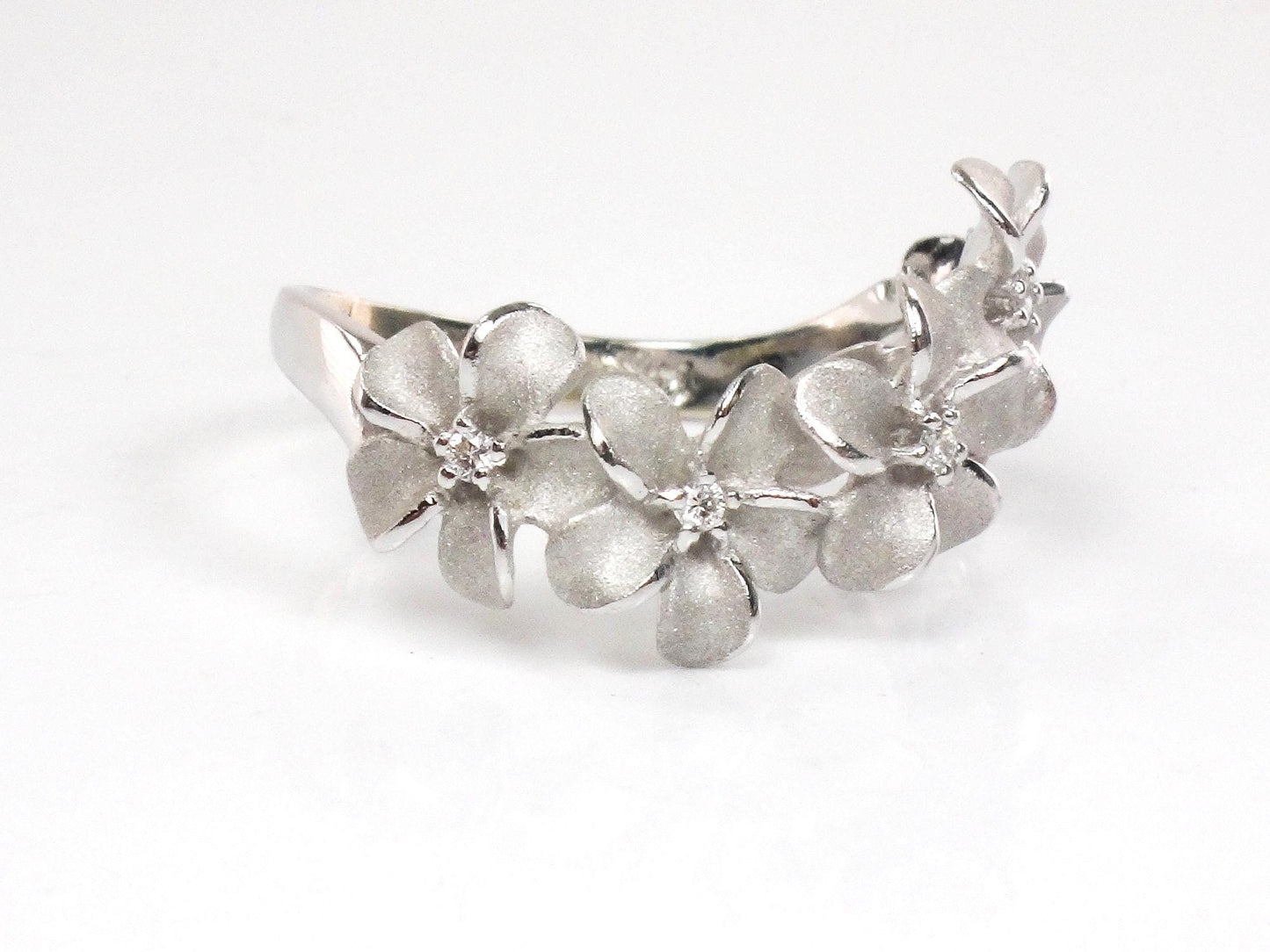Vintage Denny Wong 14k White Gold Diamond Plumeria Flower Ring, Size 6