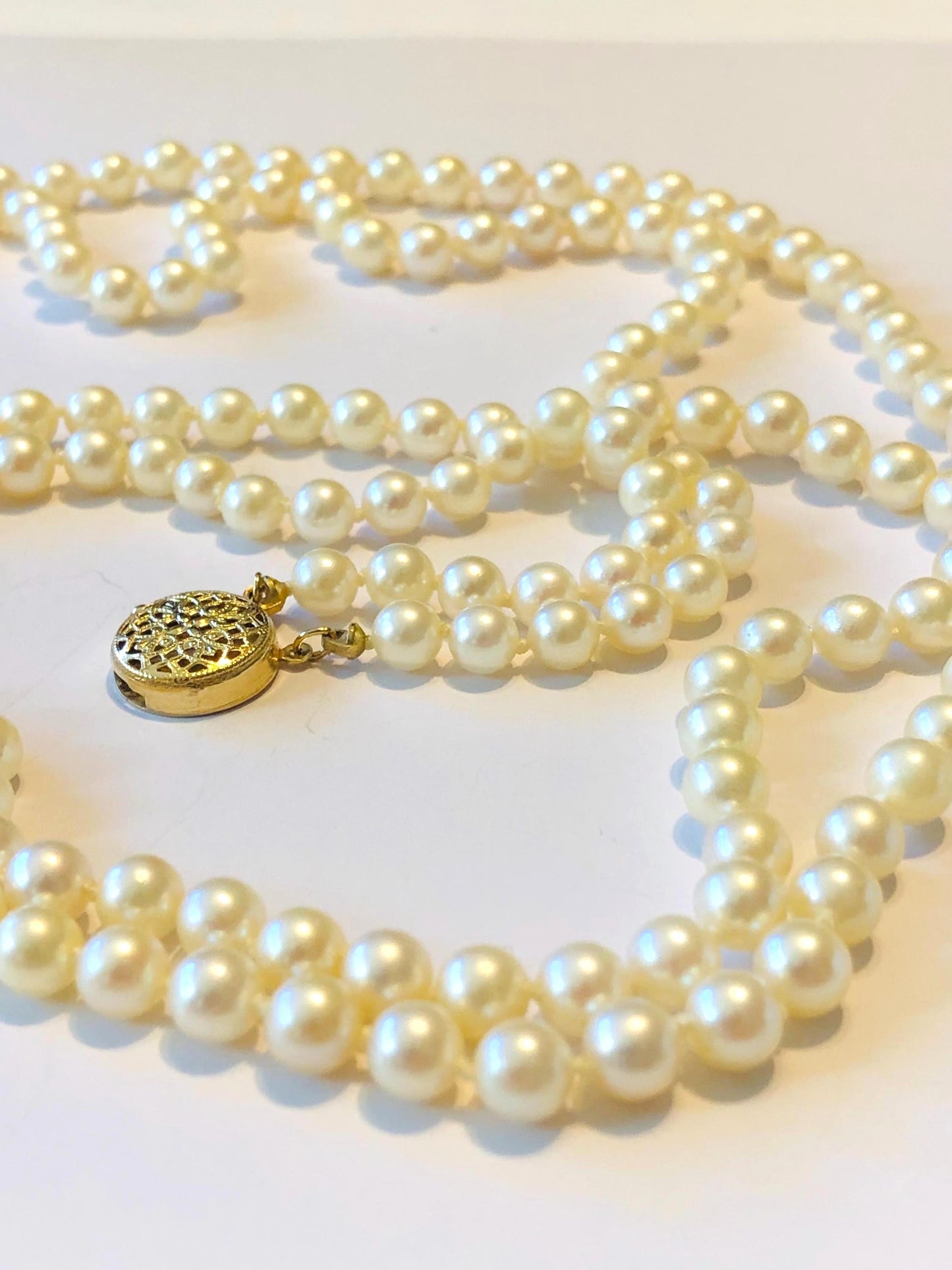 Vintage 14k Gold Double Strand Saltwater Cultured Pearl Necklace, 5 MM Pearl Bridal Necklace 23"