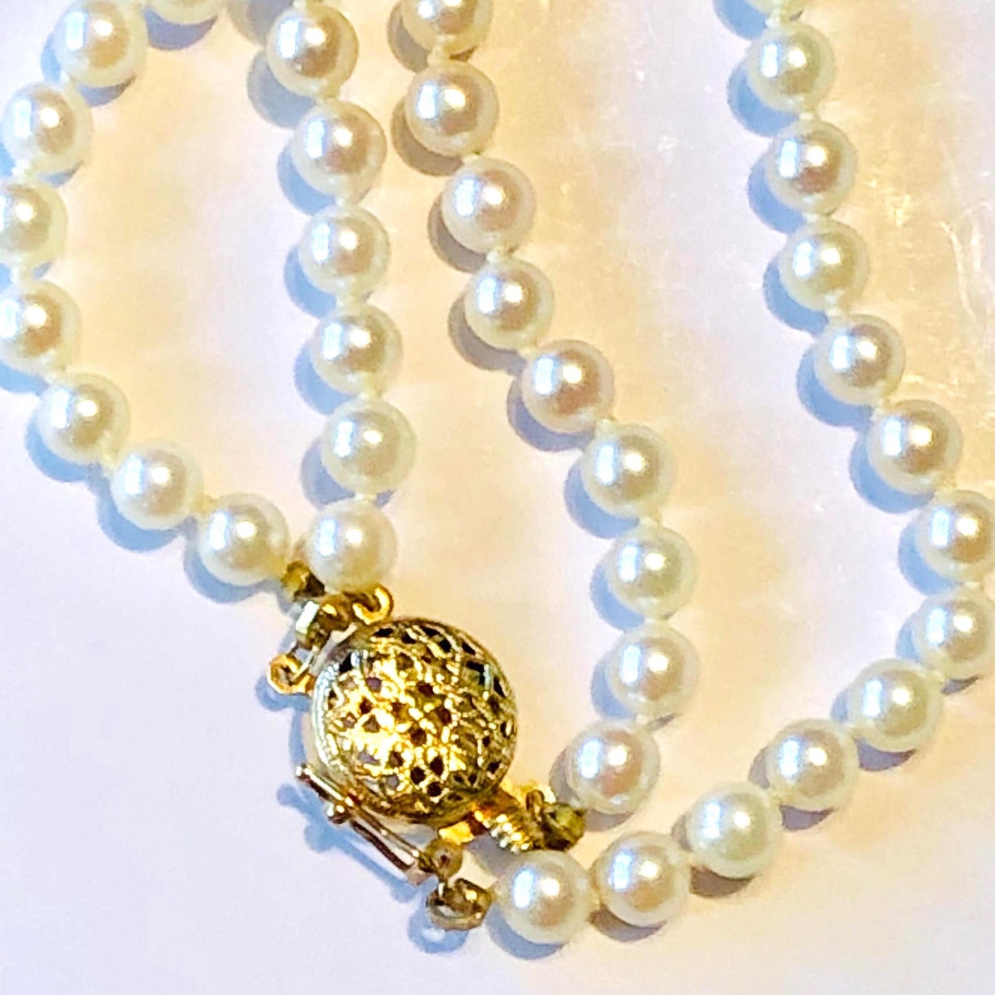 Vintage 14k Gold Double Strand Saltwater Cultured Pearl Necklace, 5 MM Pearl Bridal Necklace 23"