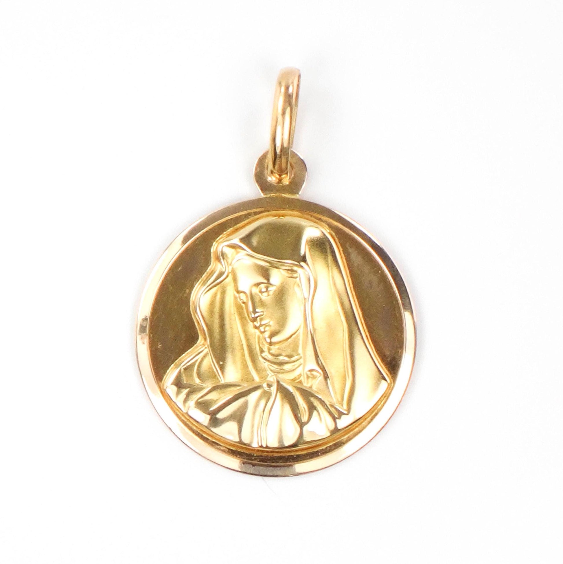Vintage 18k Yellow Gold Round Madonna Pendant, Virgin Mary Charm, Religious Medal