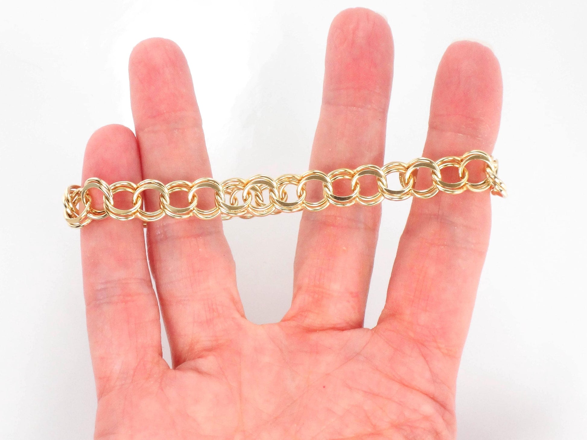 Vintage 14k Yellow Gold Double Link Charm Bracelet with Solid Gold Links 8"