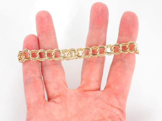 Vintage 14k Yellow Gold Double Link Charm Bracelet with Solid Gold Links 8"