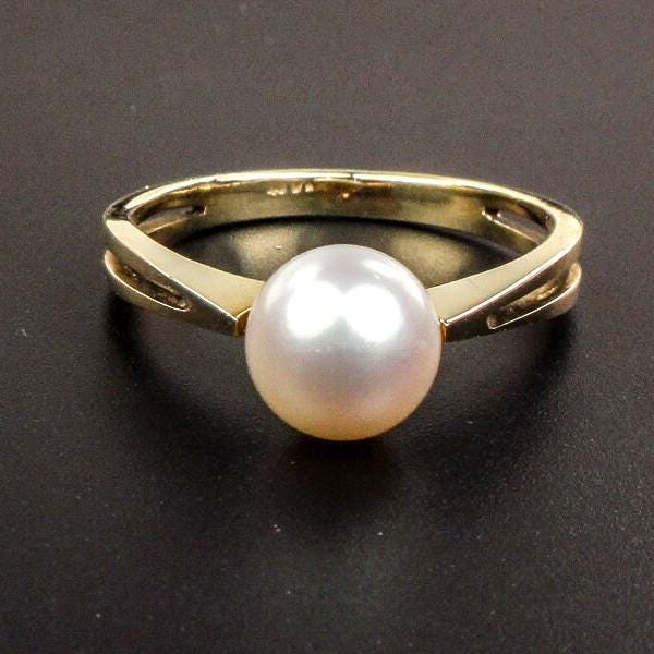Vintage Solid 14k Yellow Gold White Cultured Pearl Ring, Modern Style June Birthstone Size 5.5