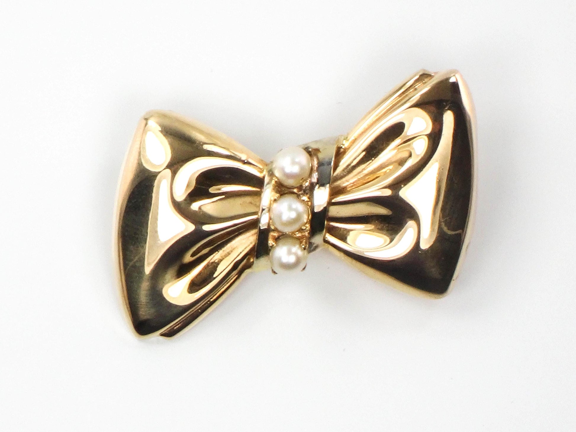 Vintage 14k Gold Bow Pin: Pearl Bow Tie Brooch