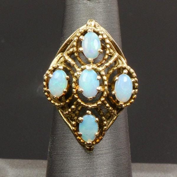 Vintage 14k Yellow Gold Natural Opal Cluster Ring, October Birthstone Size 5.5