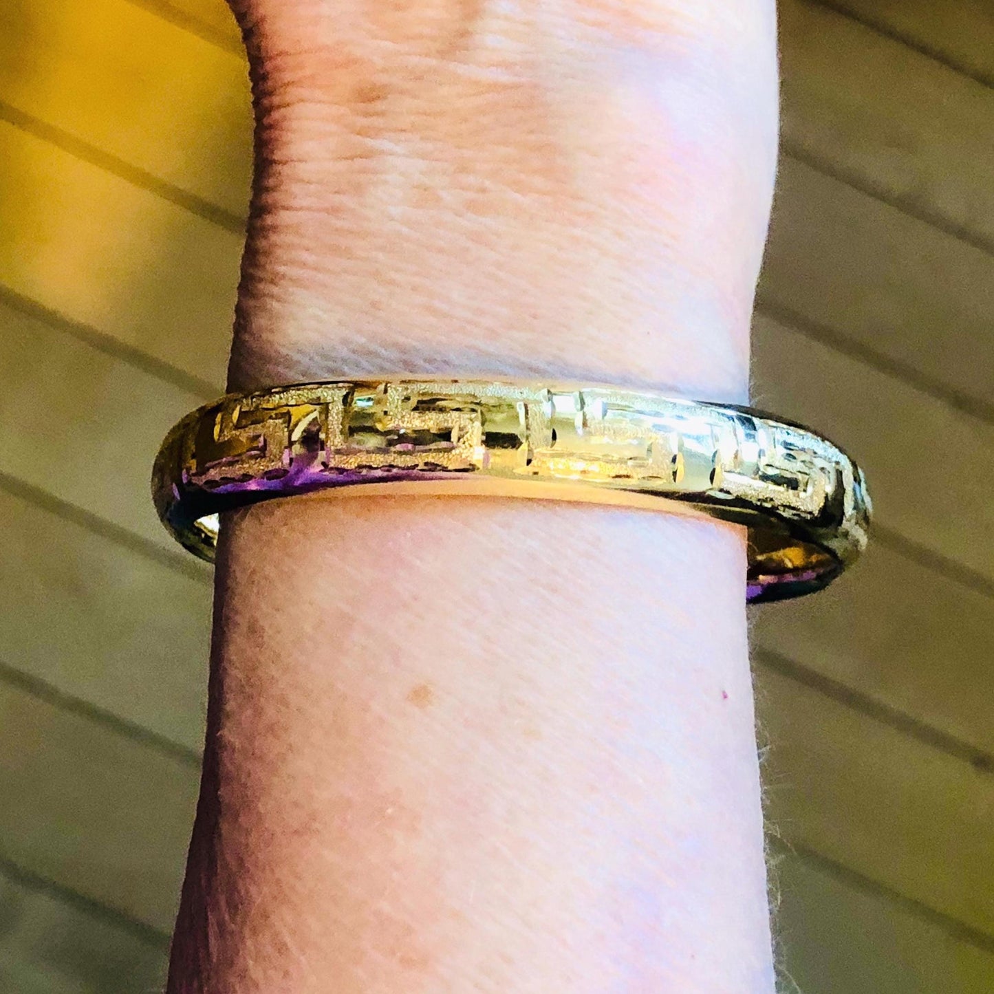 Vintage 14k Yellow Gold Greek Key Design Hinged Bangle Bracelet, Size 6 7/8"