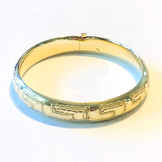 Vintage 14k Yellow Gold Greek Key Design Hinged Bangle Bracelet, Size 6 7/8"