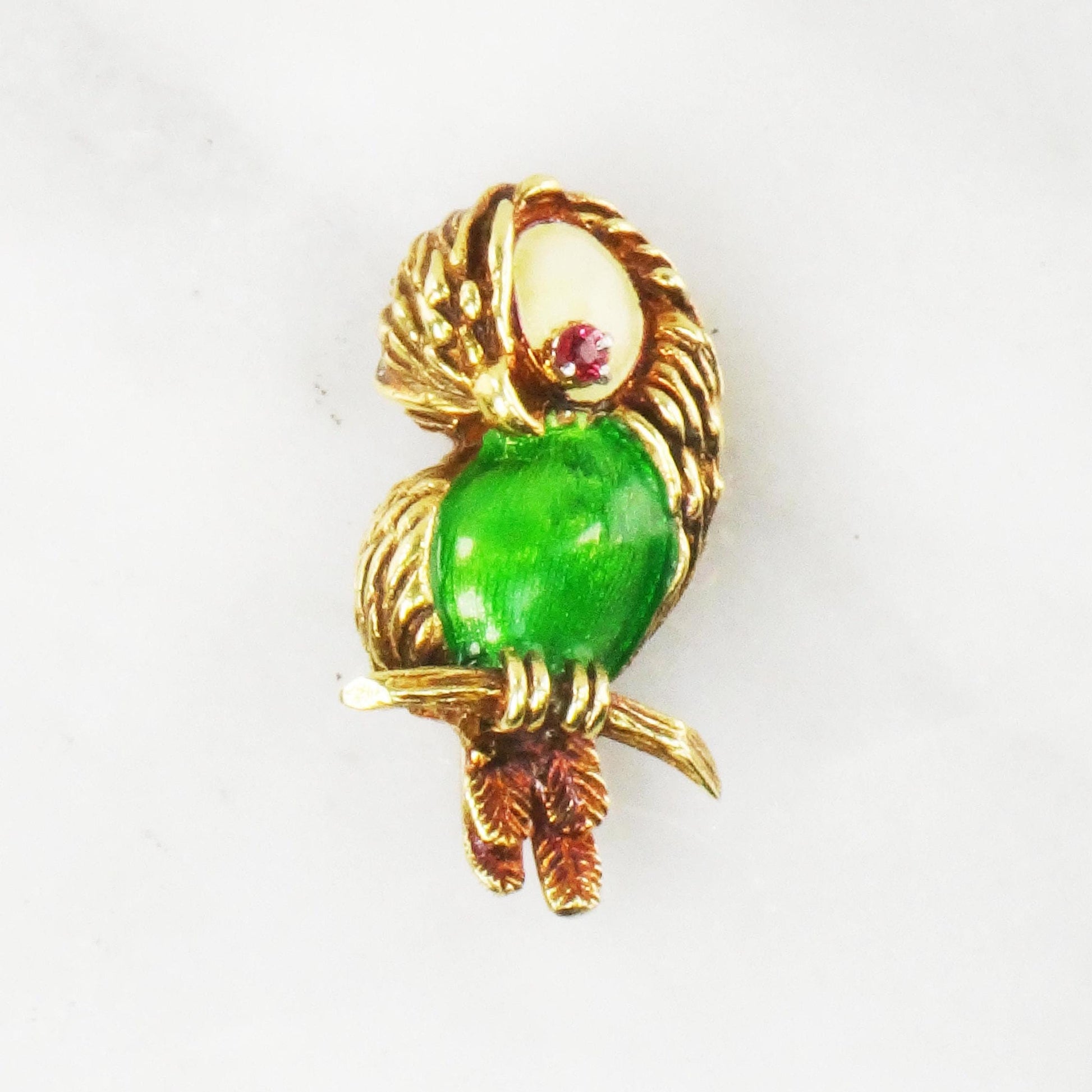 Vintage 18k Gold Enamel Parrot Pin: Red Spinel Eye Brooch