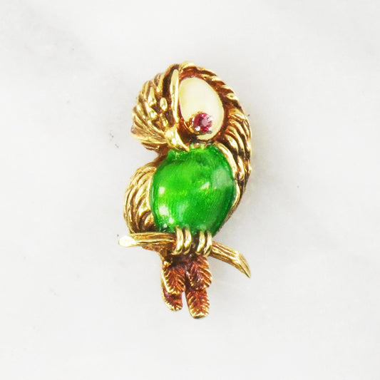 Vintage 18k Gold Enamel Parrot Pin: Red Spinel Eye Brooch