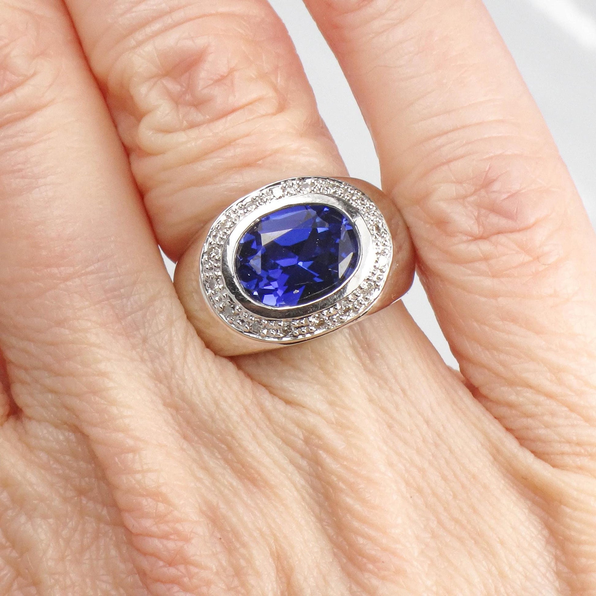 Vintage 14k White Gold Blue Sapphire Diamond Ring: Sideways Set September Birthstone, Size 4