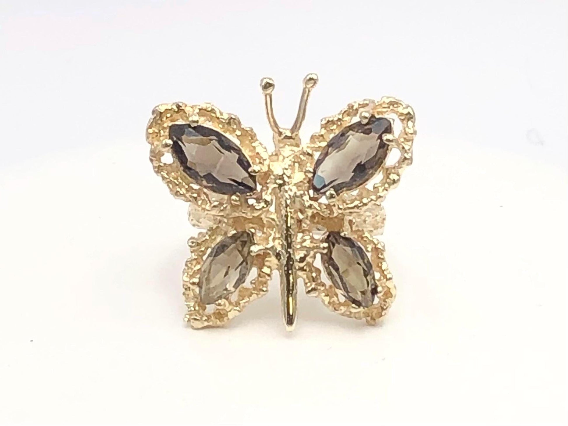Vintage Large 14k Yellow Gold Smoky Quartz Butterfly Ring, Size 6.75
