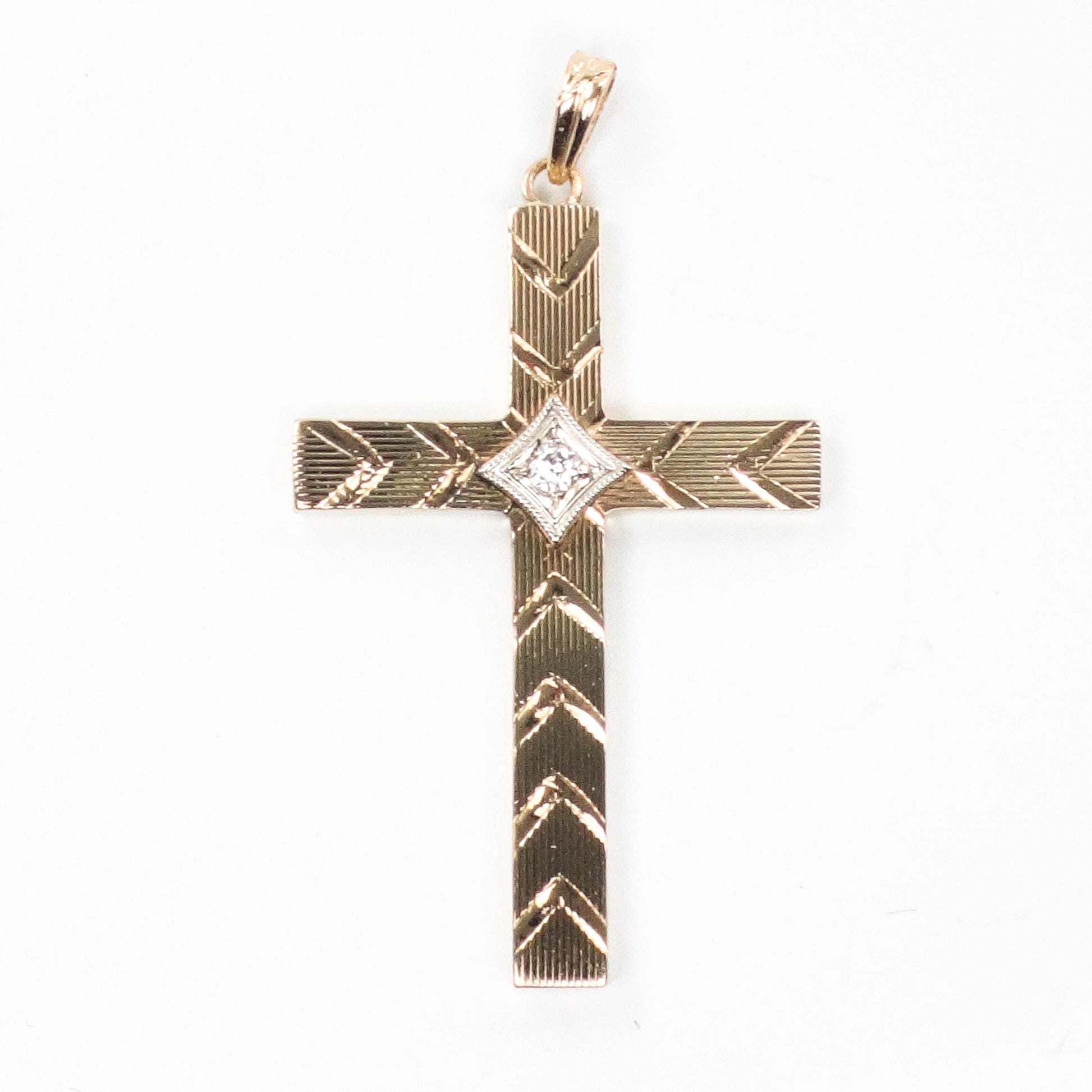 Vintage Esemco 10k Yellow Gold Diamond Engraved Cross - Religious Jewelry - Unisex Cross