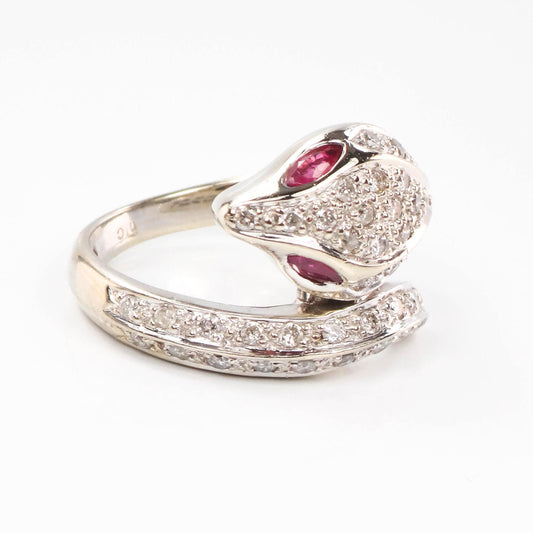 Vintage 14k White Gold Diamond and Ruby Snake Ring, Size 8