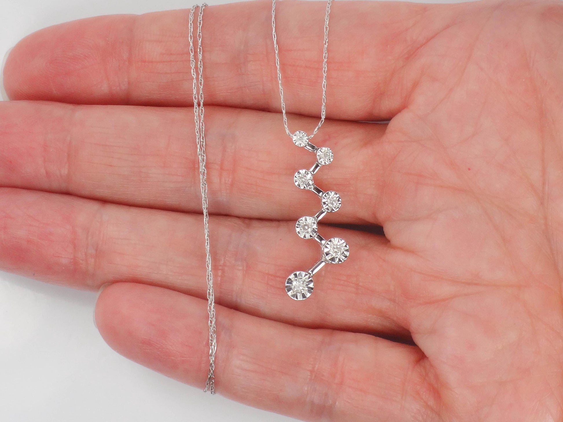 Vintage 10k White Gold Diamond Necklace, Seven Diamond Starburst Pendant 18.5"