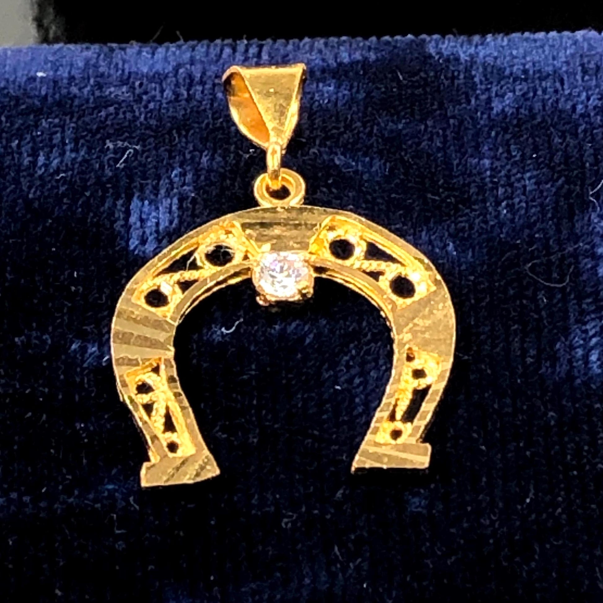 Vintage Solid 21k Yellow Gold Cubic Zirconia Horse Shoe Pendant, Good Luck Charm