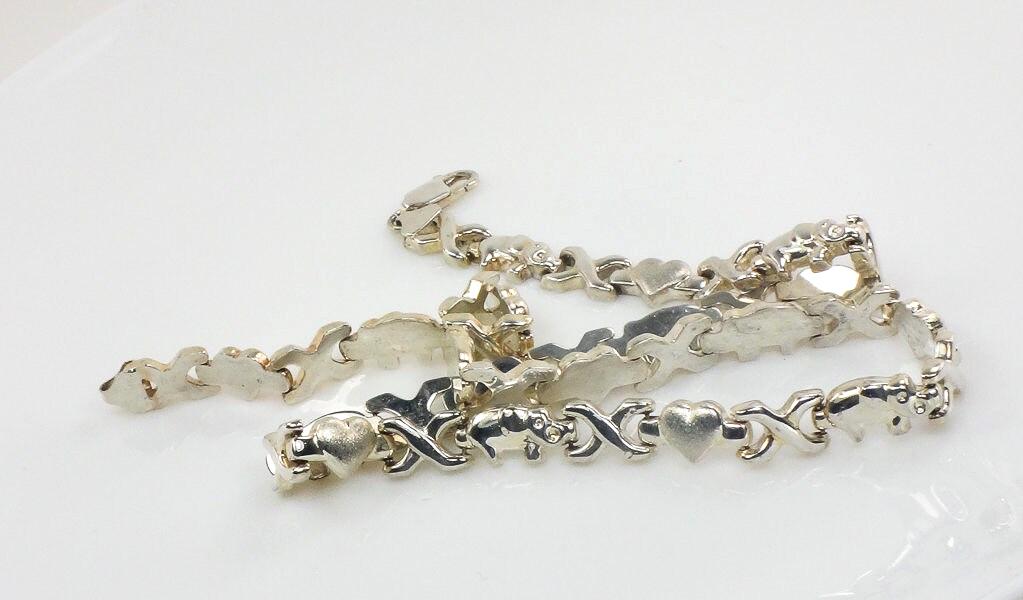 Vintage Sterling Silver Elephant Hearts XO Necklace: Good Luck, 17"