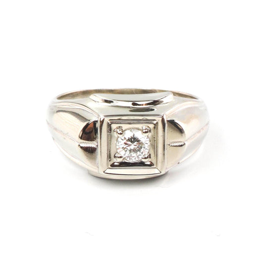Vintage Art Carved 14k White Gold Diamond Men's Ring: 1960s Engagement Jewelry