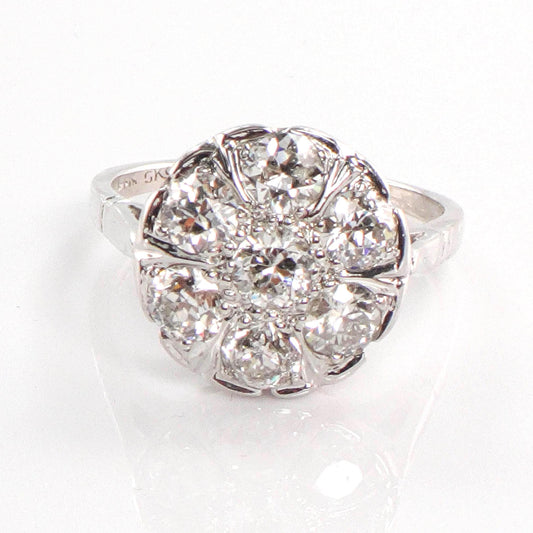 Art Deco Diamond Cluster Ring: 14k White Gold, Old European Cut, 1.75 Carat