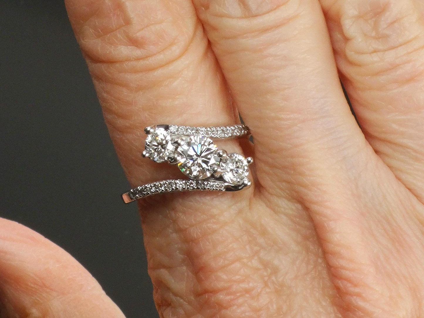 Vintage Three Diamond Ring: 1.5 CTS, 14k White Gold Anniversary Ring, Size 7.5