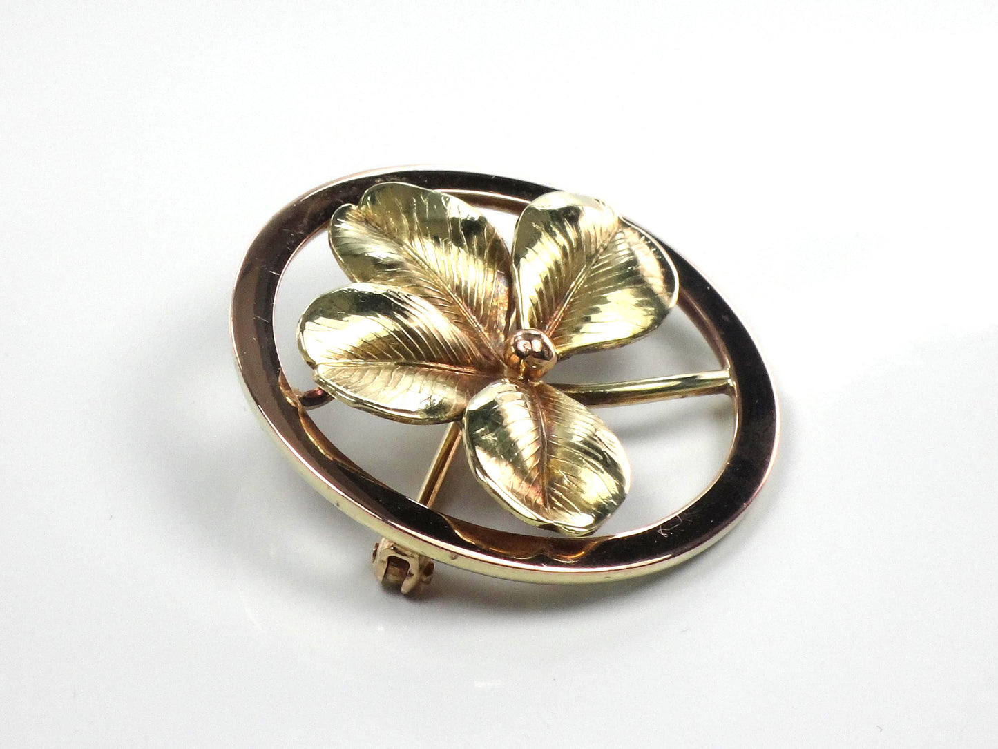Vintage 14k Yellow Gold Four Leaf Clover Brooch: Good Luck Charm, 1950's