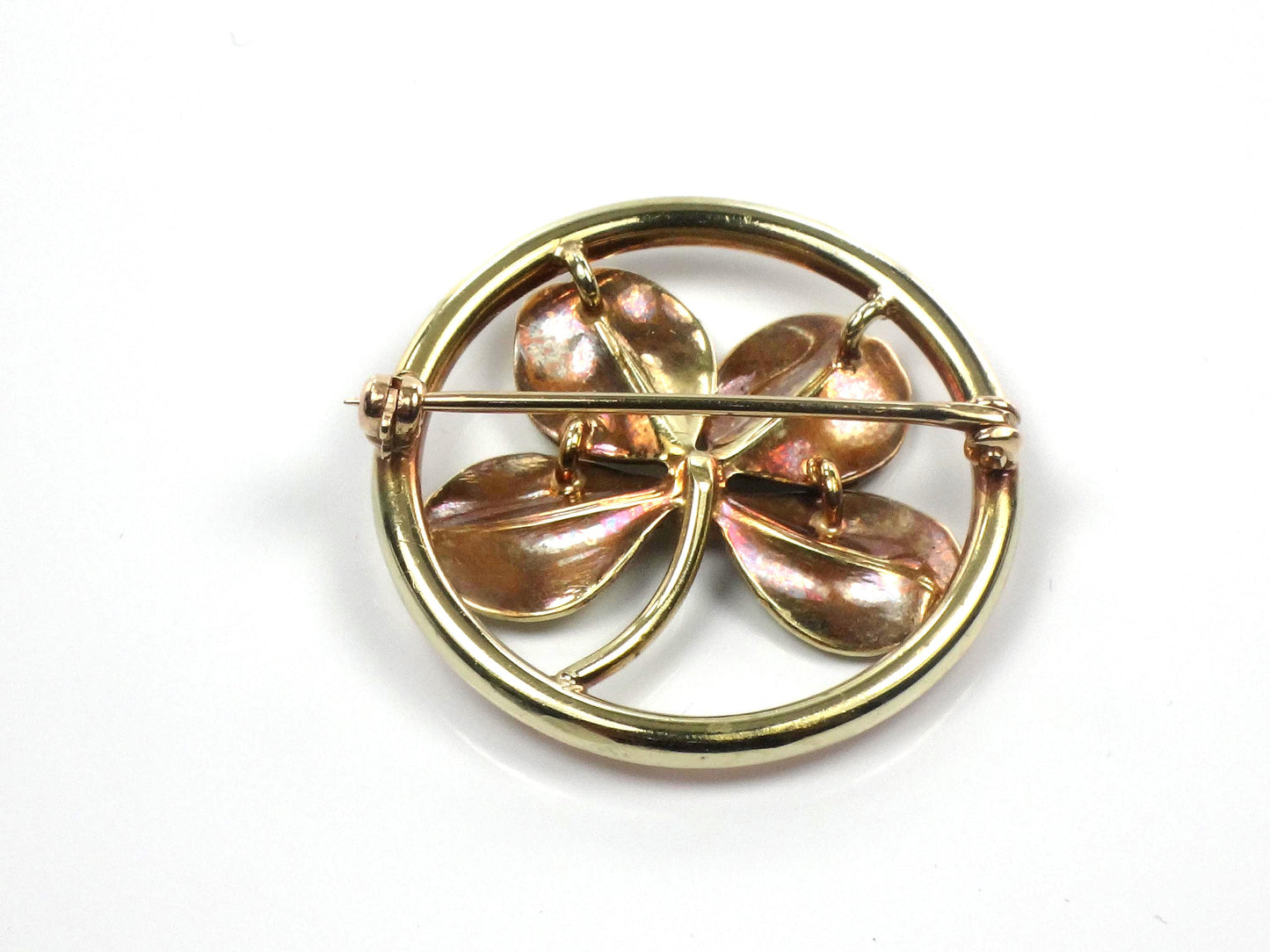 Vintage 14k Yellow Gold Four Leaf Clover Brooch: Good Luck Charm, 1950's