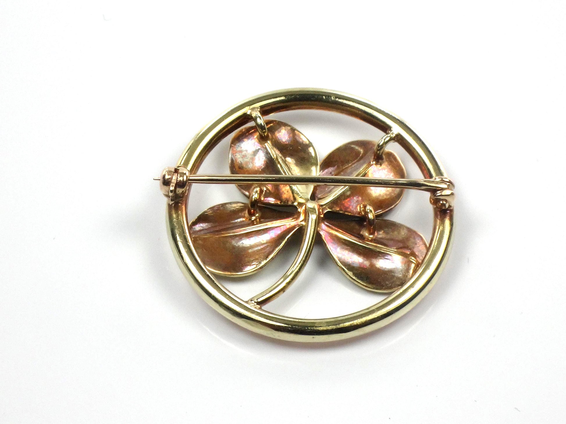 Vintage 14k Yellow Gold Four Leaf Clover Brooch: Good Luck Charm, 1950's