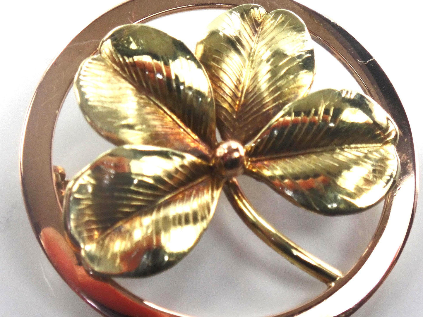 Vintage 14k Yellow Gold Four Leaf Clover Brooch: Good Luck Charm, 1950's