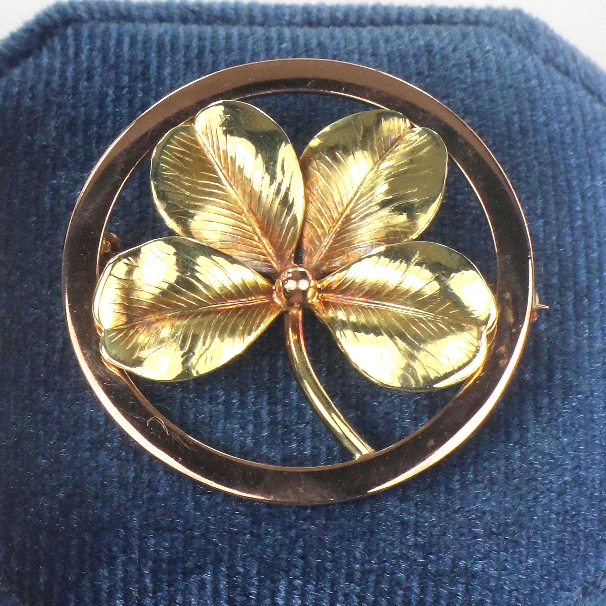 Vintage 14k Yellow Gold Four Leaf Clover Brooch: Good Luck Charm, 1950's
