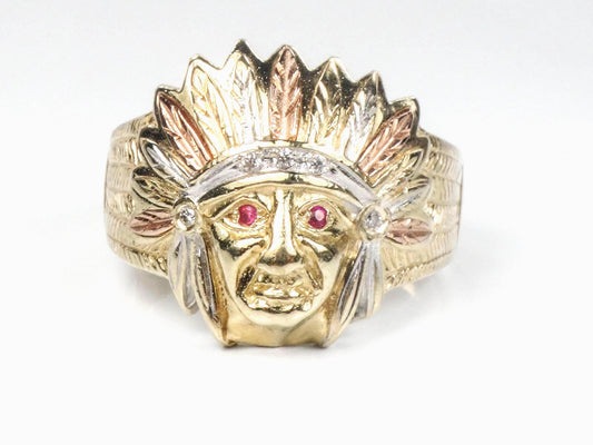 Vintage 14k Gold Indian Chief Ring: Diamond & Ruby Headdress, Size 10, Tri-Color