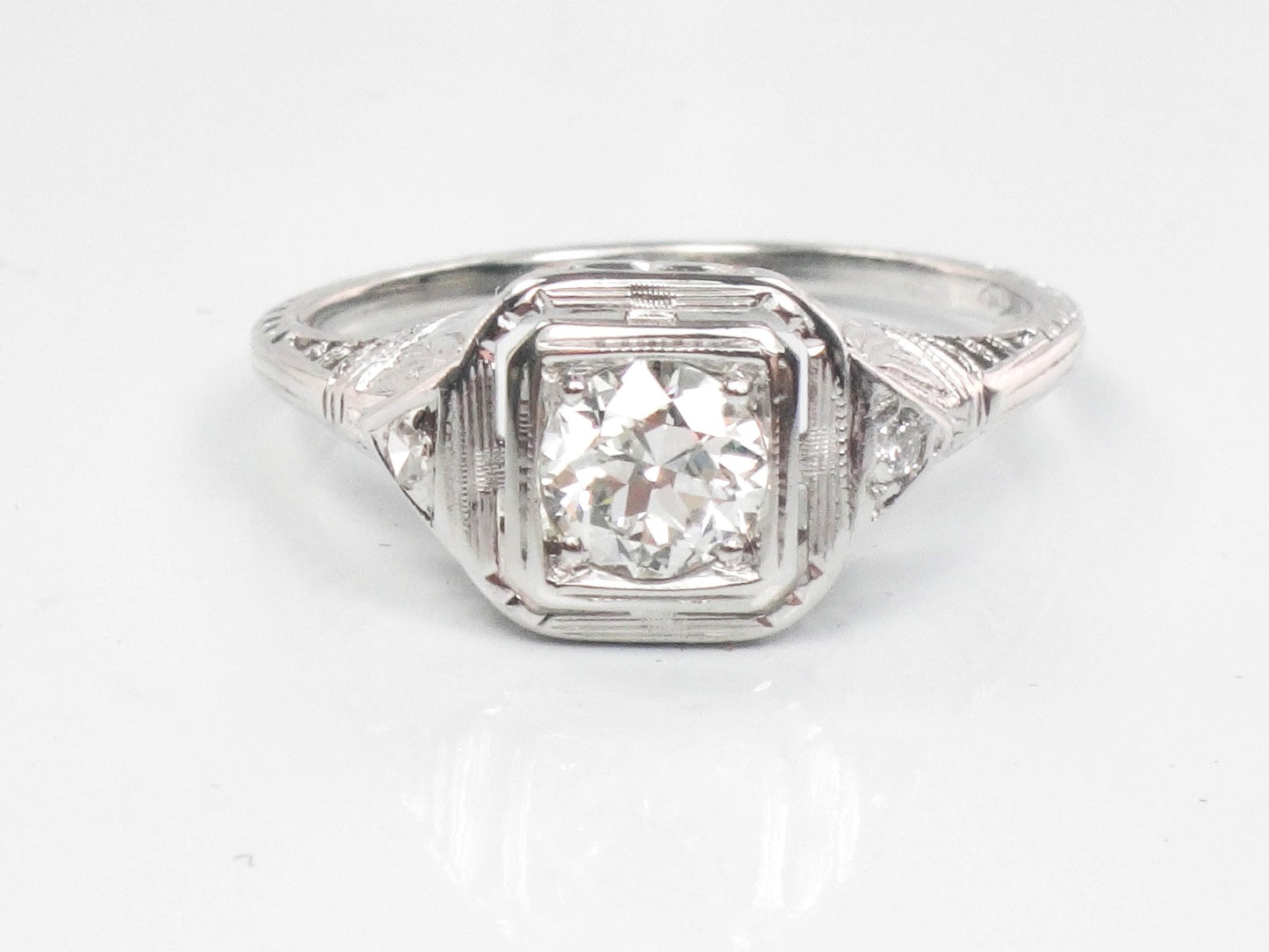 Vintage Art Deco 18k White Gold Transitional Old Mine Cut Natural Diamond Filigree Engagement Ring Size 6