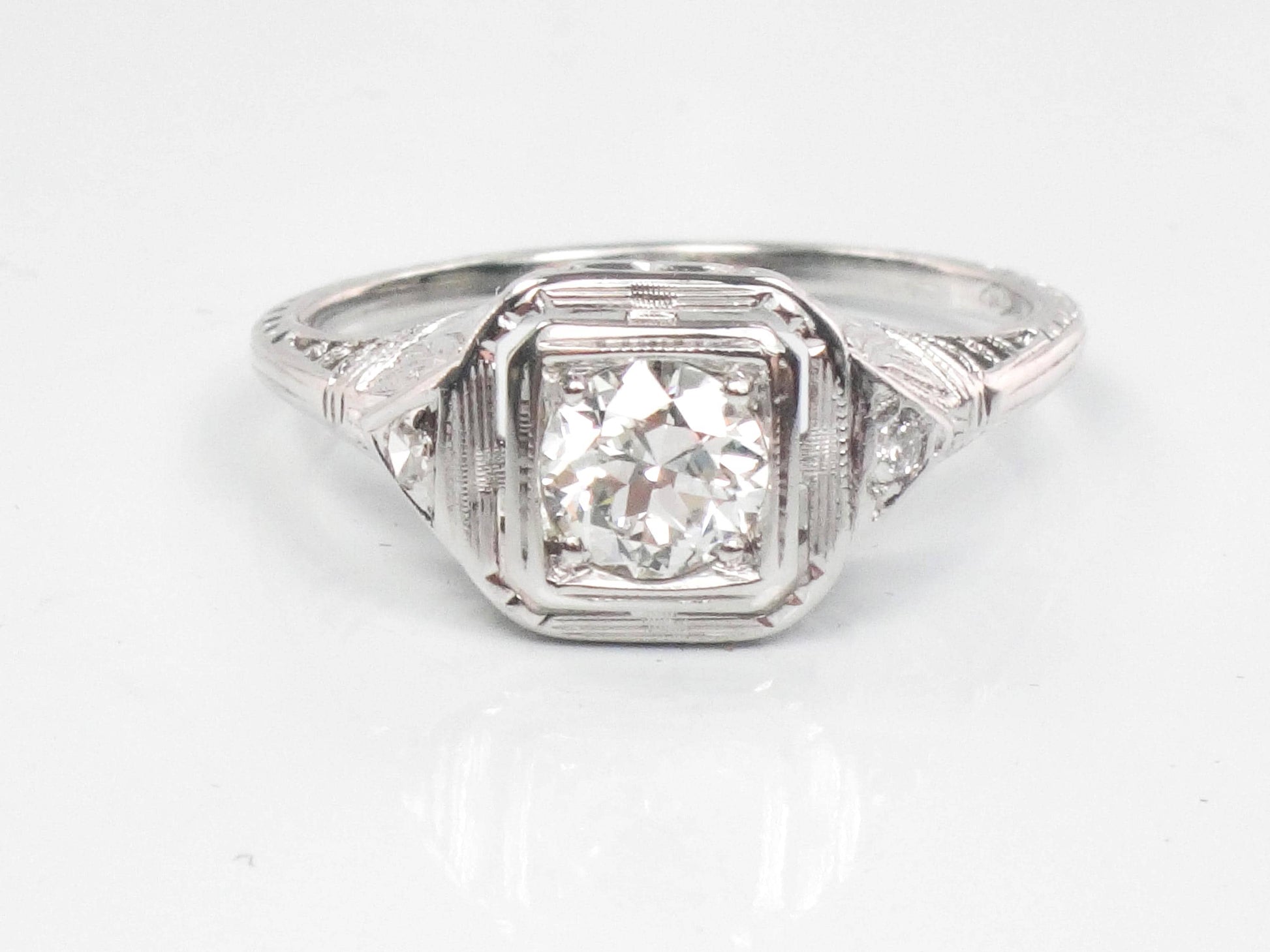 Vintage Art Deco 18k White Gold Transitional Old Mine Cut Natural Diamond Filigree Engagement Ring Size 6